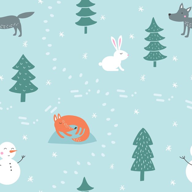 Patrón sin fisuras de invierno con animales en el bosque sobre fondo azul Ilustración de vector dibujado a mano