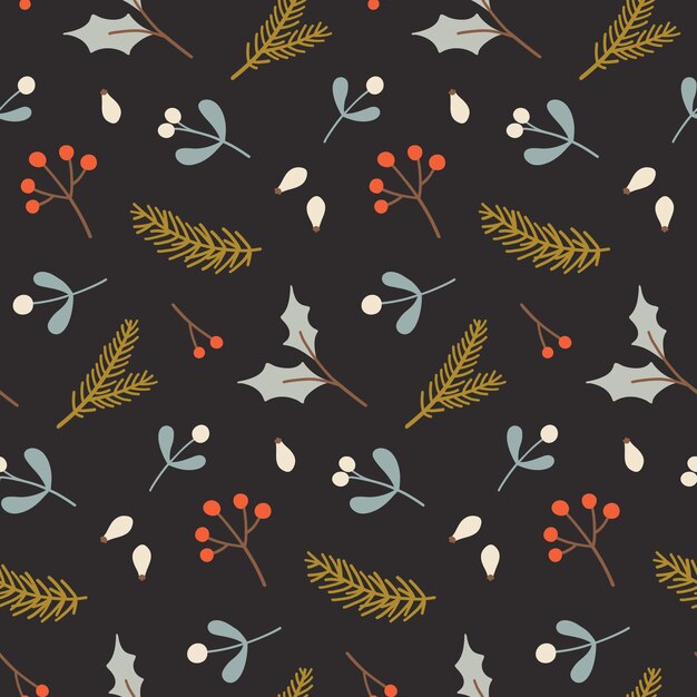 Patrón sin fisuras de invierno con bayas, hojas y ramas de abeto. Fondo de Navidad. Bueno para tela, papel de regalo, diseño de postal.
