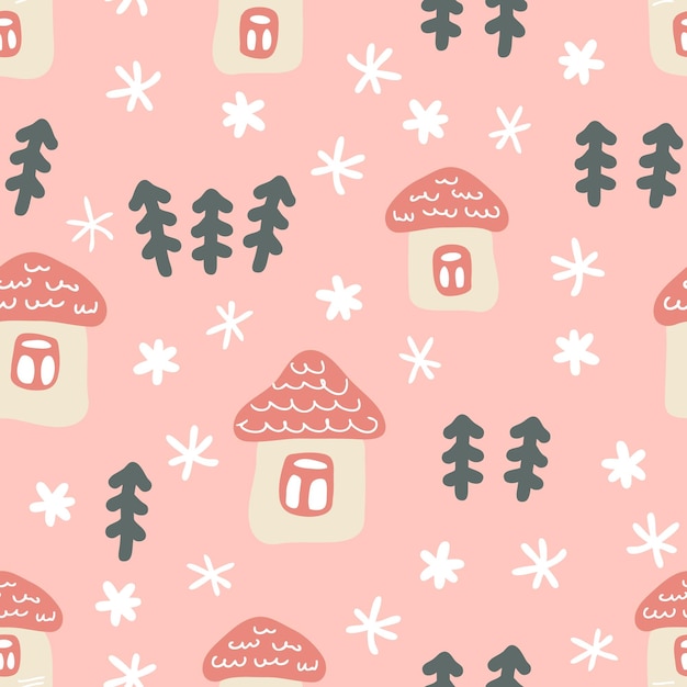 Patrón sin fisuras de invierno dibujado a mano con casas árboles de Navidad y copos de nieve Perfecto para textiles de camiseta y estampados Ilustración de vector de estilo de dibujos animados para decoración y diseño
