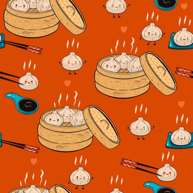 Patrón sin fisuras con kawaii dim sum Gráficos vectoriales