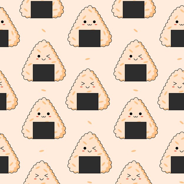 Vector patrón sin fisuras con kawaii onigiri sobre fondo claro.