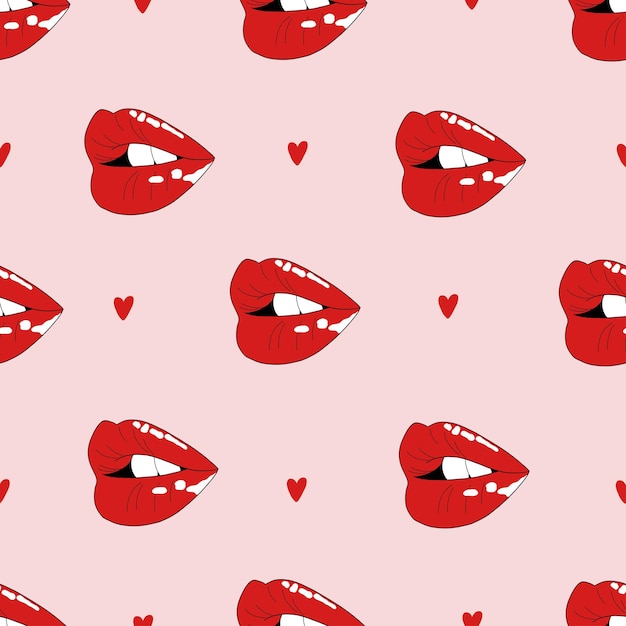 Patrón sin fisuras con labios rojos y corazón