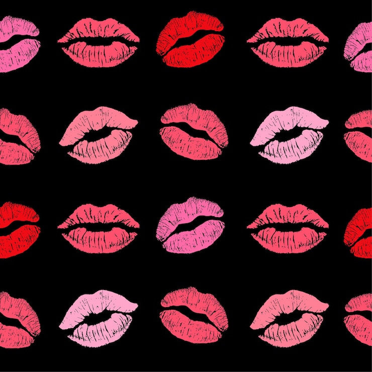 Vector patrón sin fisuras de labios rojos rosados besando impresiones patrón vectorial con labios coloridos patrón de beso fondo oscuro
