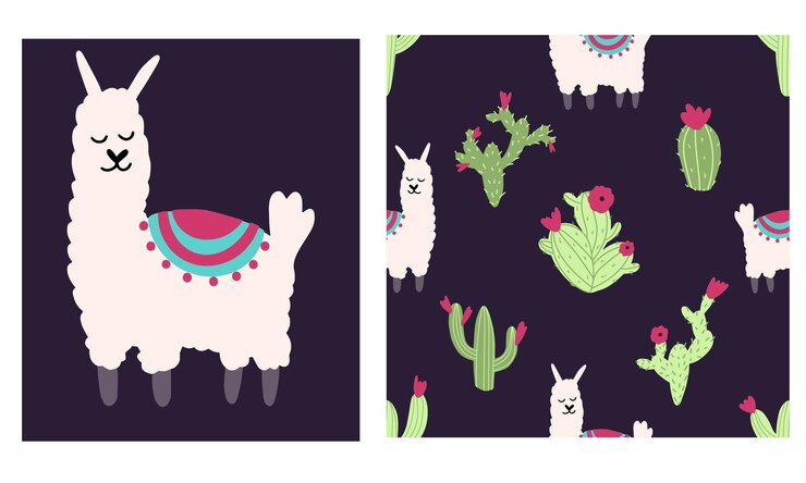 Vector patrón sin fisuras de lama alpaca con cactus ilustración de vector de carácter de vivero en estilo infantil