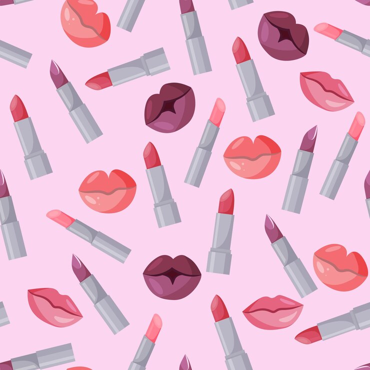 Vector patrón sin fisuras con lápices labiales y labios brillantes jugosos labios femeninos sexy sobre un fondo claro