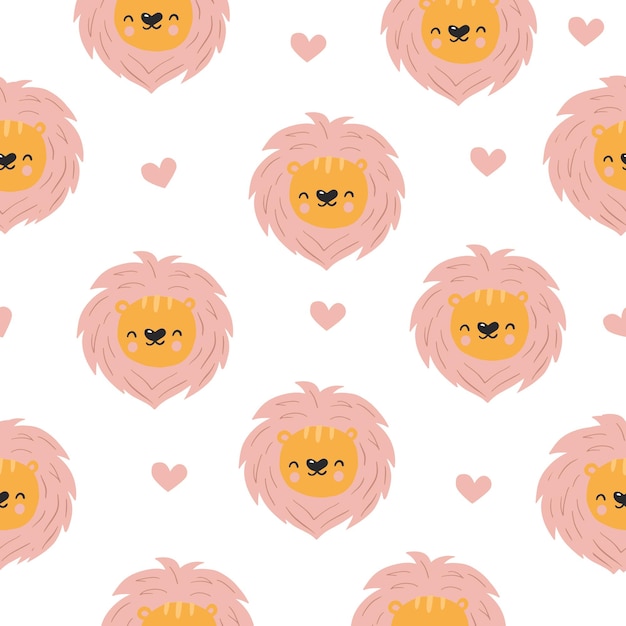 Patrón sin fisuras con un león. Cute dibujos animados leones y corazones. Papel imprimible para álbum de recortes. Bebé animal.