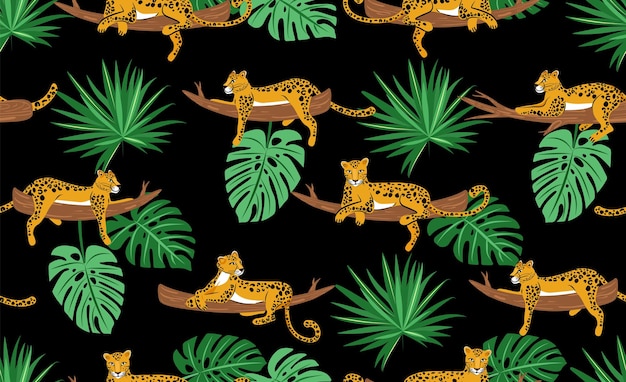 Vector patrón sin fisuras de leopardo con leopardos en diferentes poses en rama y hojas tropicales