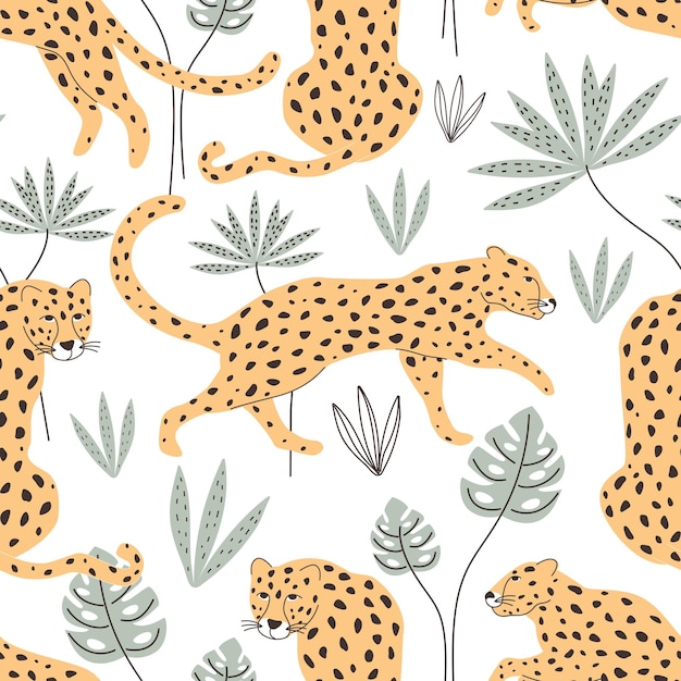 Patrón sin fisuras con leopardos y plantas tropicales ilustración vectorial