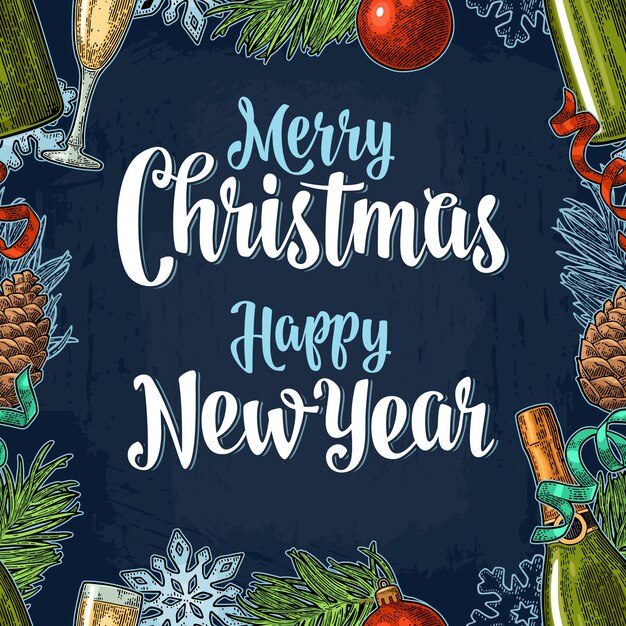 Patrón sin fisuras con letras de caligrafía de feliz Navidad feliz año nuevo grabado vintage Vector