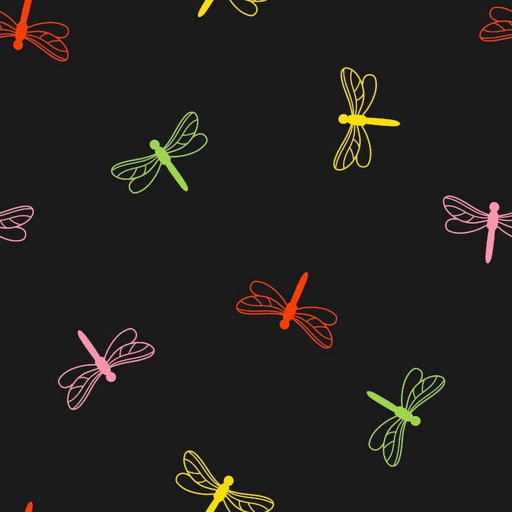 Vector patrón sin fisuras con libélula colorida y fondo negro