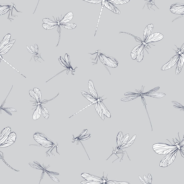 Patrón sin fisuras con libélulas dibujadas a mano con líneas de contorno sobre fondo gris. telón de fondo con hermosos insectos voladores. ilustración en estilo elegante para impresión textil, papel de regalo