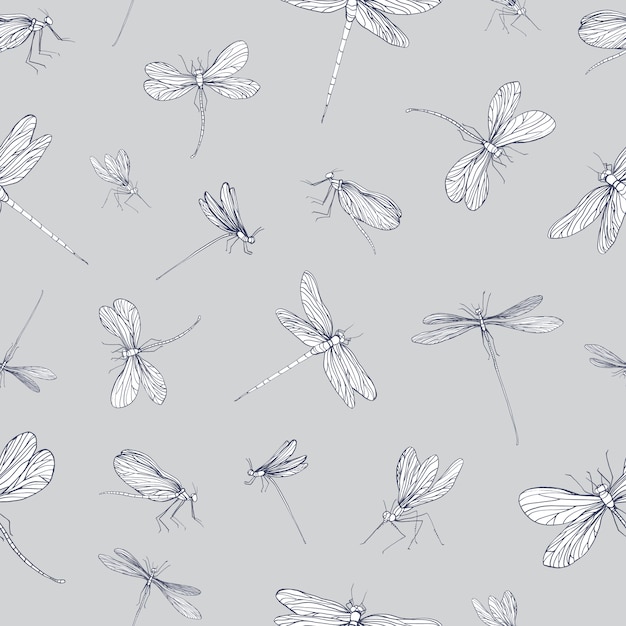 Patrón sin fisuras con libélulas dibujadas a mano con líneas de contorno sobre fondo gris. Telón de fondo con hermosos insectos voladores. Ilustración en estilo elegante para impresión textil, papel de regalo