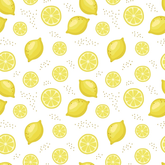 Patrón sin fisuras con limones amarillos sobre un fondo blanco.