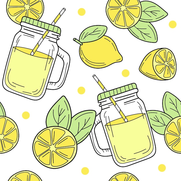 Patrón sin fisuras con limones de dibujos animados y un frasco de vidrio con limonada