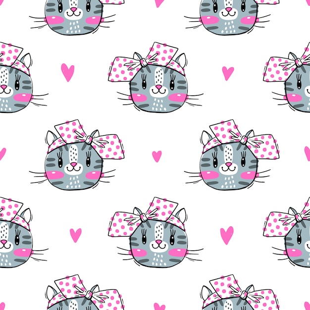 Vector patrón sin fisuras con linda fase de gatos y arcos. moda kawaii kitty. ilustración