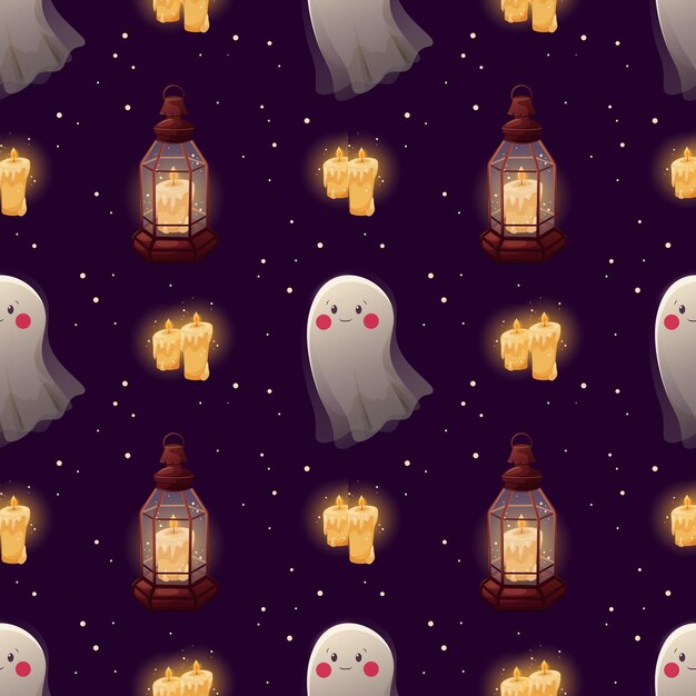 Patrón sin fisuras con linda linterna fantasma y velas en estilo de dibujos animados