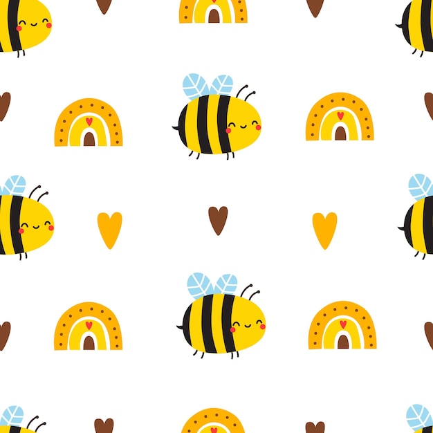 Patrón sin fisuras con lindas abejas arco iris y corazones ilustración vectorial