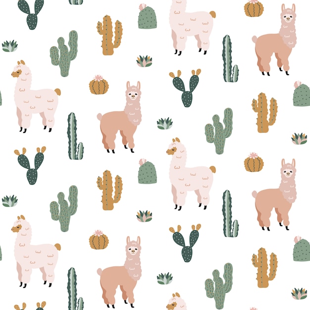 Patrón sin fisuras con lindas alpacas y cactus.