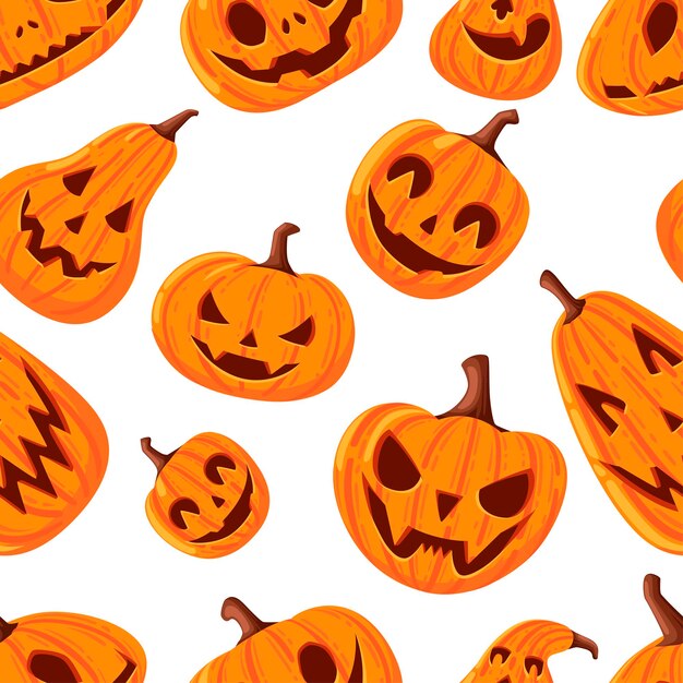 Patrón sin fisuras de lindas y aterradoras calabazas de Halloween con caras de dibujos animados ilustración de vector plano de verduras sobre fondo blanco.