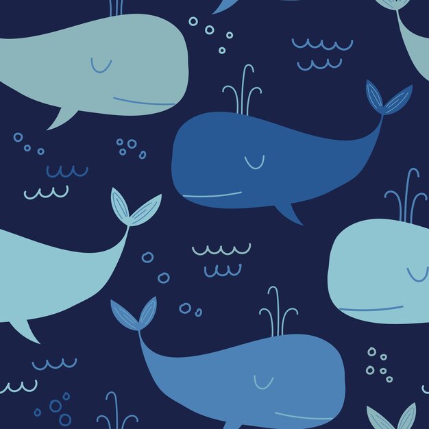 Patrón sin fisuras con lindas ballenas azules vector ilustración para niños