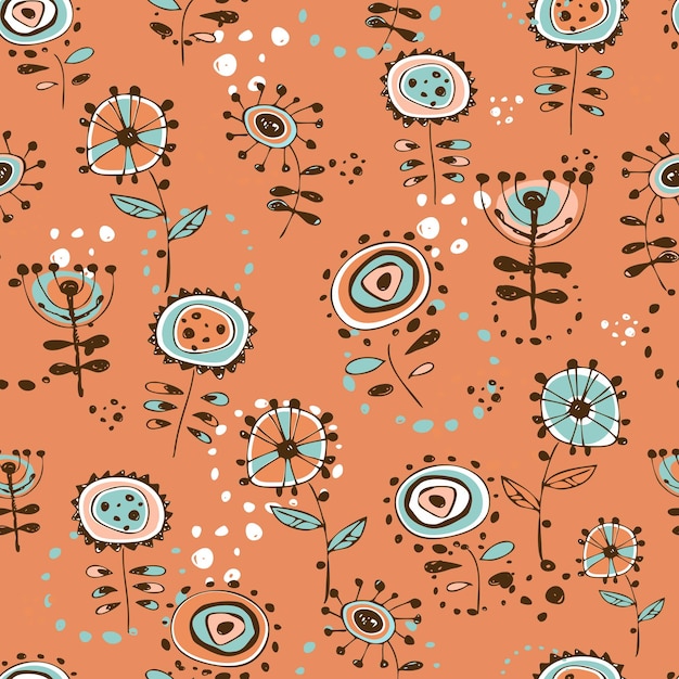 Patrón sin fisuras con lindas flores estilo doodle. Fondo naranja.