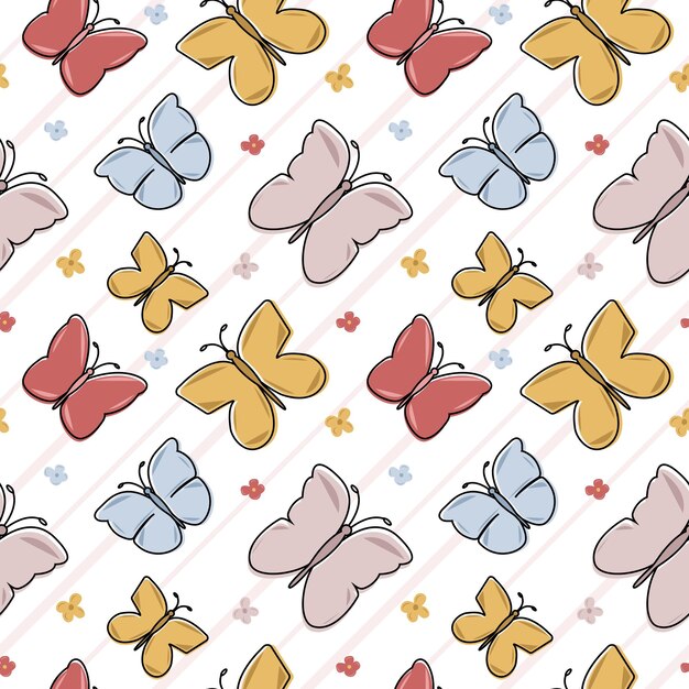 Patrón sin fisuras con lindas flores de primavera y hermosa mariposa. Colores pastel. Para textiles, papel tapiz, papel y álbumes de recortes.