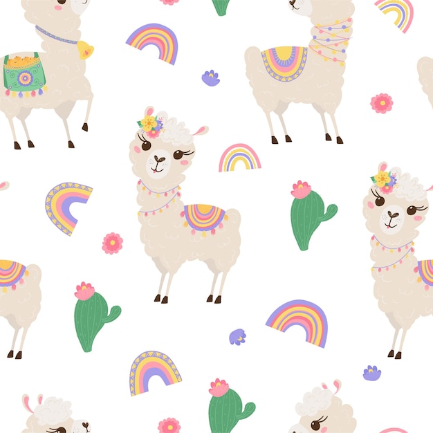 Patrón sin fisuras con lindas llamas, arco iris y cactus. Fondo con divertidos bebés de Alpaca para textiles, ropa infantil, Wallpaper. Ilustración vectorial