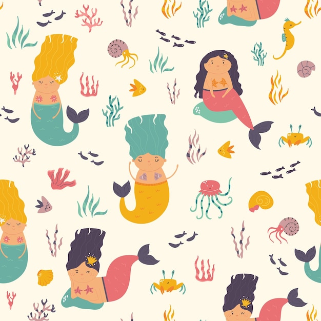Patrón sin fisuras con lindas sirenas ilustración vectorial