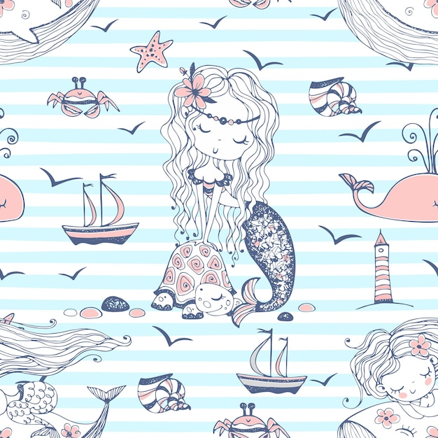 Patrón sin fisuras con lindas sirenas sobre un fondo rayado. Vector.