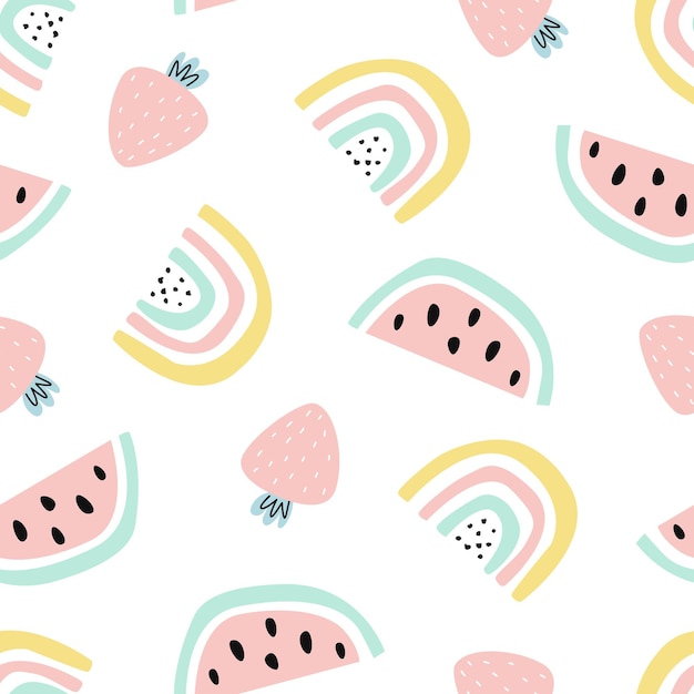 Patrón sin fisuras con lindo arco iris y fruta de fresa sobre fondo blanco Ilustración vectorial