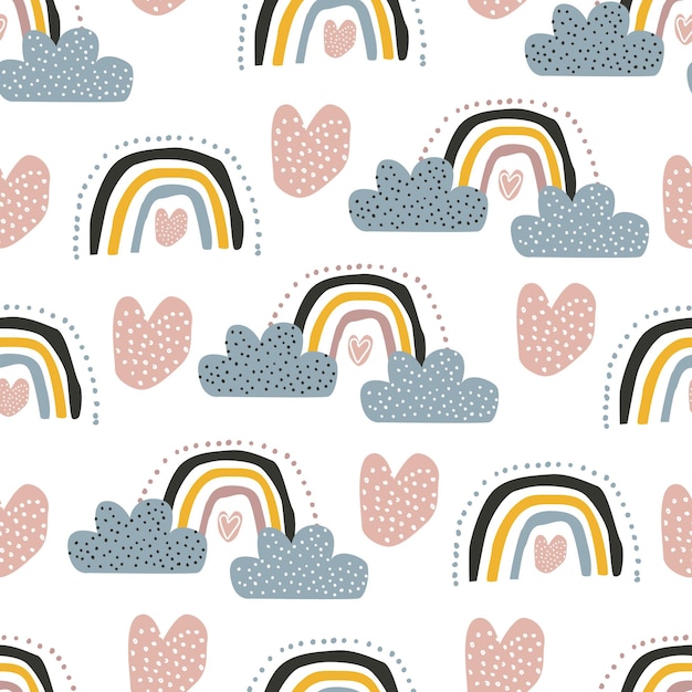 Patrón sin fisuras con un lindo arco iris de nubes y un corazón sobre un fondo blanco Ilustración vectorial