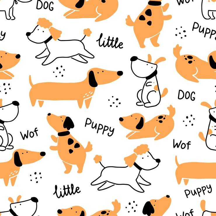 Patrón sin fisuras de lindo cachorro de perro. Personaje de dibujos animados divertido y feliz perro con estilo de forma simple. Ilustración de fondo, papel tapiz, textil, tela.