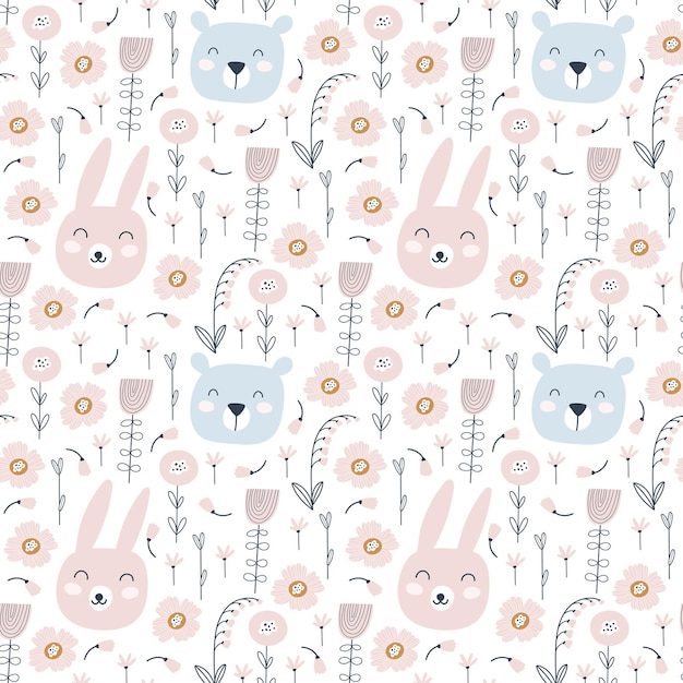 Vector patrón sin fisuras con lindo conejo, oso y flores. patrón de animales. impresión infantil. ilustraciones