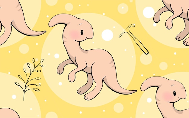 Vector patrón sin fisuras con lindo dinosaurio parasaurolophus en estilo kawaii