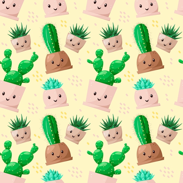 Vector patrón sin fisuras con lindo diseño de dibujos animados de cactus