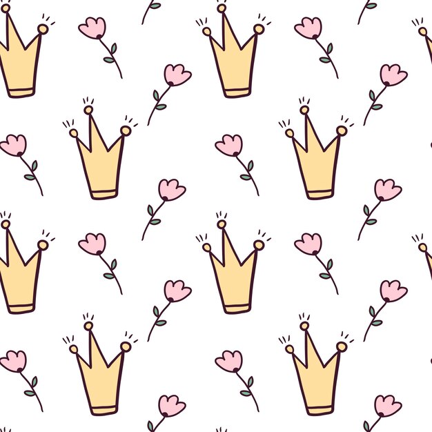 patrón sin fisuras con lindo doodle Corona brillante y flores.