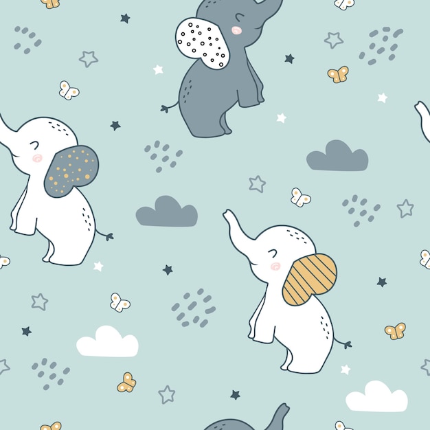 Patrón sin fisuras con lindo elefante. Fondo de animales de dibujos animados, vector lindo para ropa de niños