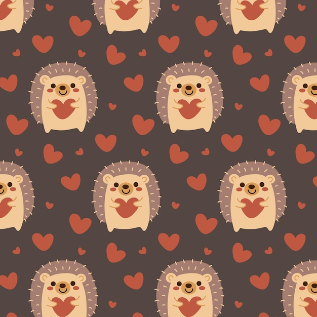 Patrón sin fisuras de lindo erizo y corazón sobre fondo oscuro en estilo vector plano