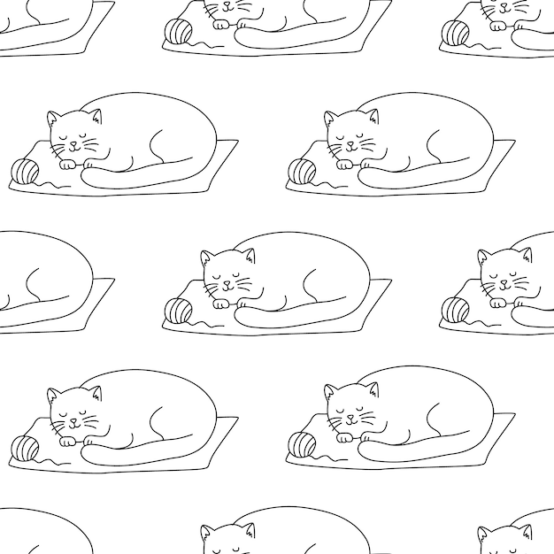 Vector patrón sin fisuras con lindo gato durmiendo y bola de hilo acogedor doodle vector ilustración dibujada a mano