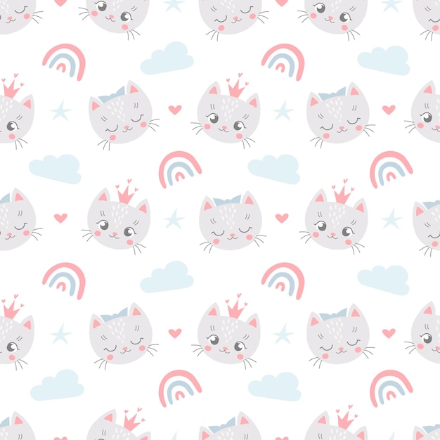 Patrón sin fisuras con lindo gato enfrenta nubes corazones arco iris y estrellas en estilo escandinavo