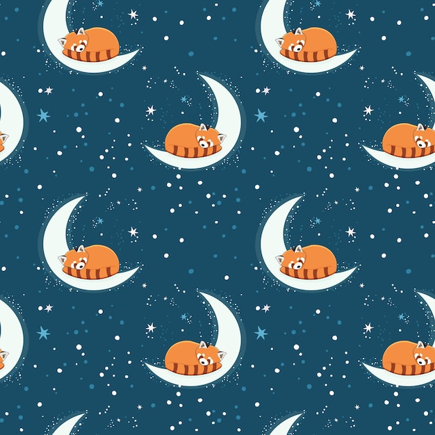 Patrón sin fisuras con un lindo panda rojo durmiendo en la media luna con una estrella Ilustración para pancartas adhesivas y carteles para habitaciones de bebés Fondo infantil