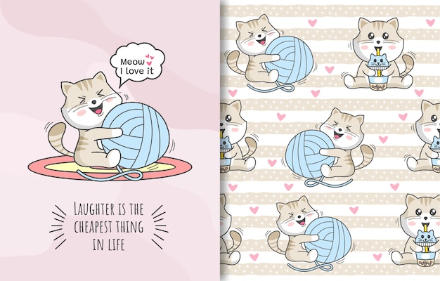 Patrón sin fisuras con un lindo personaje de gato feliz
