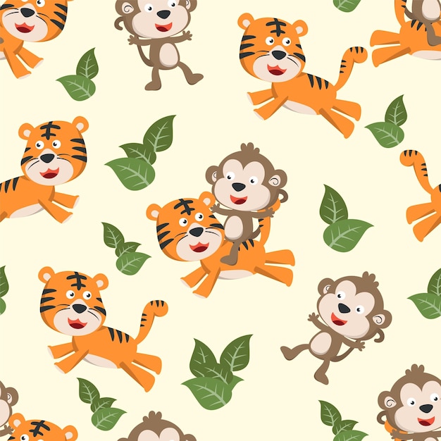 Patrón sin fisuras de lindo tigre y mono en la selva Fondo infantil de vector creativo