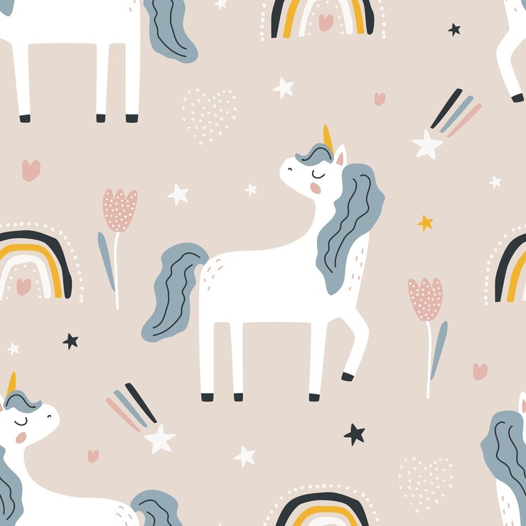 Patrón sin fisuras con un lindo unicornio y un arco iris sobre un fondo de color Ilustración vectorial