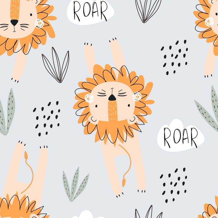 Patrón sin fisuras con lindos animales león y elementos decorativos sobre un fondo azul para imprimir