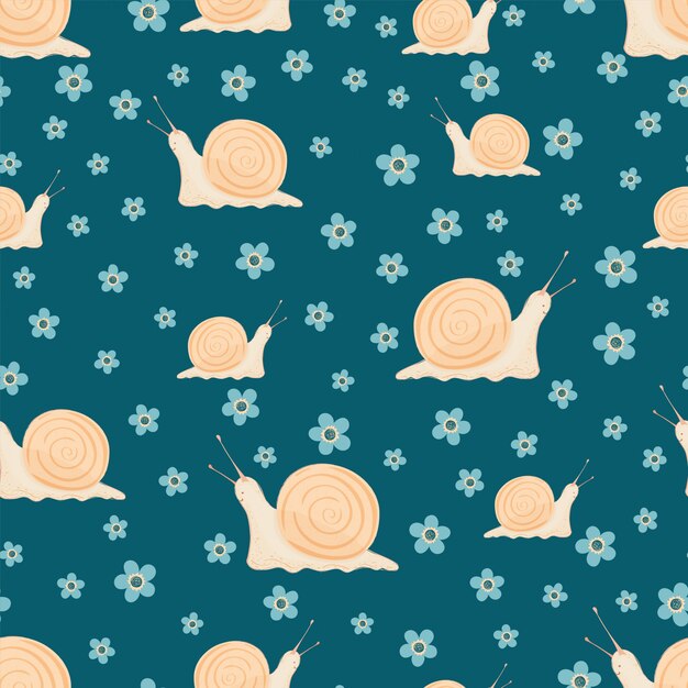 Patrón sin fisuras con lindos caracoles y flores. Patrón para tela, textil, papel pintado, papel de regalo, ropa