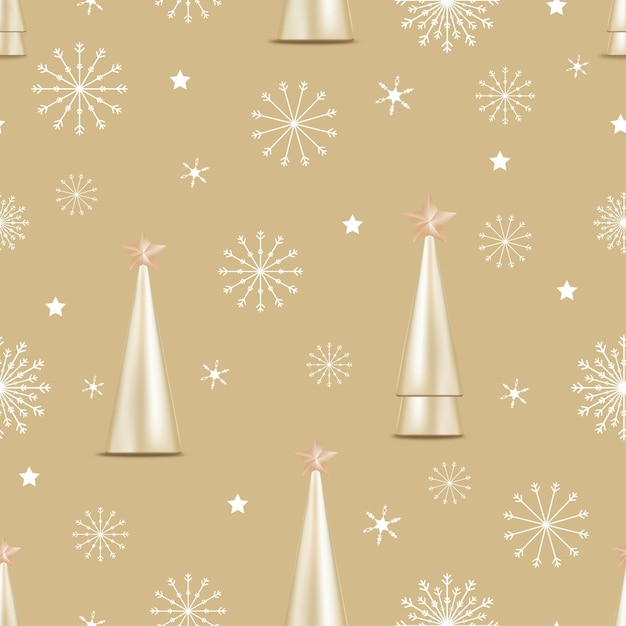 Patrón sin fisuras con lindos copos de nieve, estrella y árbol de Navidad cónico dorado