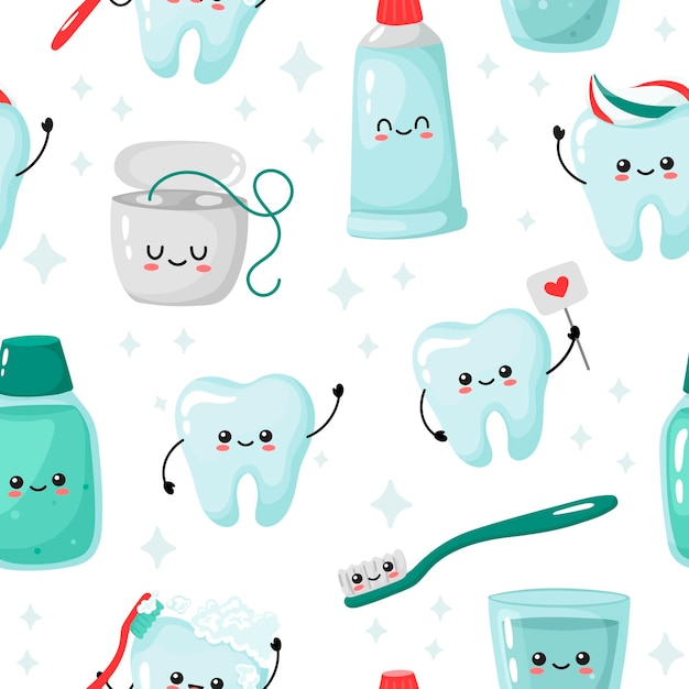 Patrón sin fisuras con lindos dientes y artículos de cuidado dental sobre un fondo blanco. gracioso kawaii.