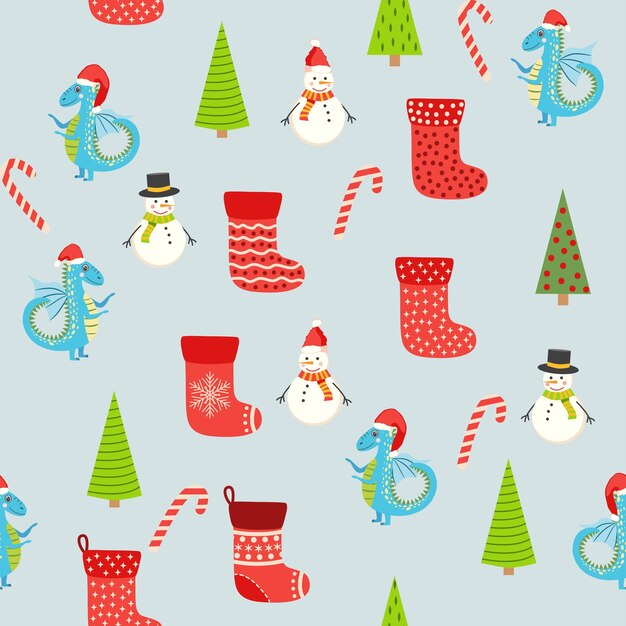 Patrón sin fisuras con lindos dragones Diseño navideño Fondo de año nuevo chino con dragones para 2024