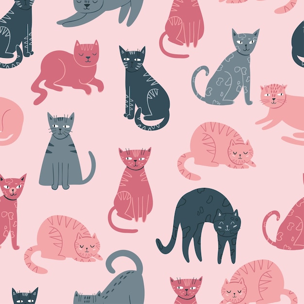 Patrón sin fisuras con lindos gatos de diferentes colores. gatos en diferentes poses. Ilustración de vector plano aislado sobre fondo blanco.
